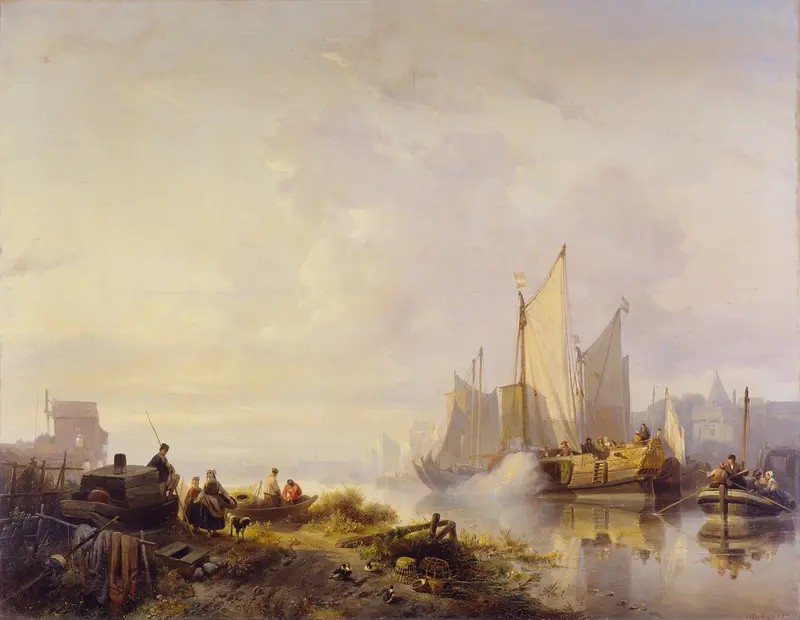 River Scene by Wijnand Nuijen, oil painting depicting a tranquil river with lush foliage.