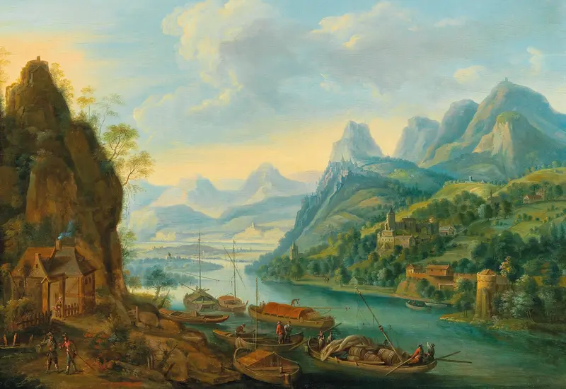 A river landscape with mountains, oil on canvas by Jan Griffier