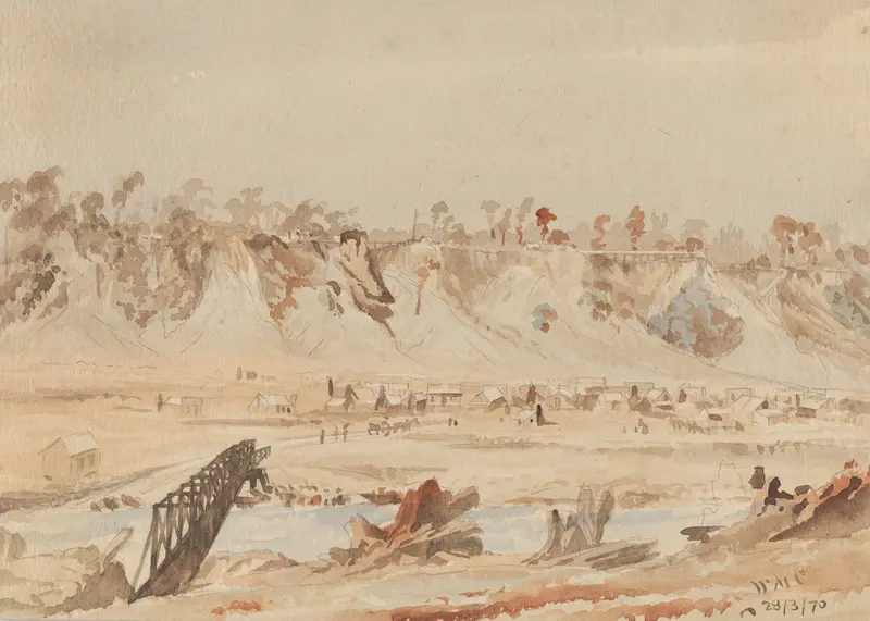 Old Greenstone township by William Marshall Cooper, oil on canvas depicting rolling green hills.