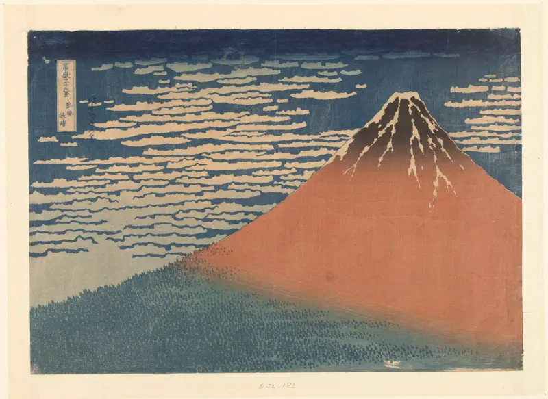 Woodblock print by Katsushika Hokusai depicting a landscape with a vast sky and soft clouds.