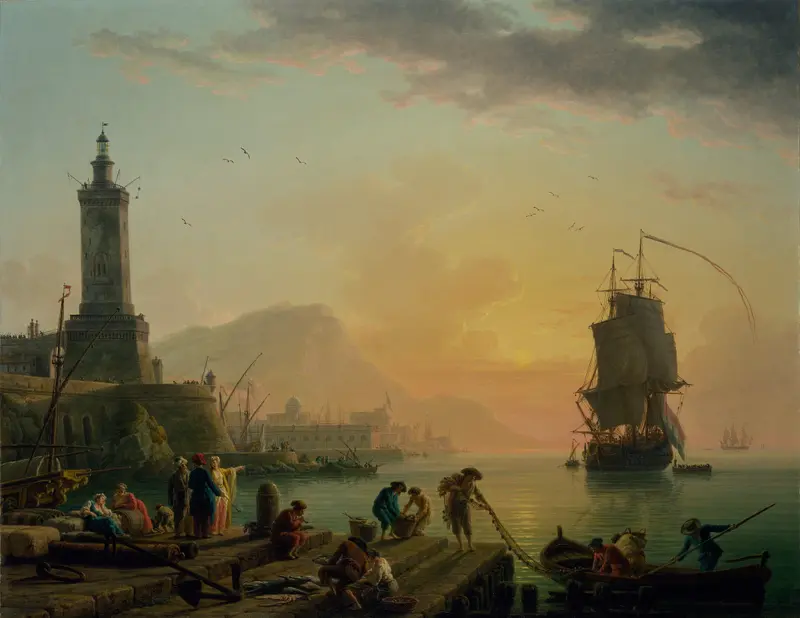 A Calm at a Mediterranean Port by Claude-Joseph Vernet, Rococo oil painting depicting boats at sunrise.