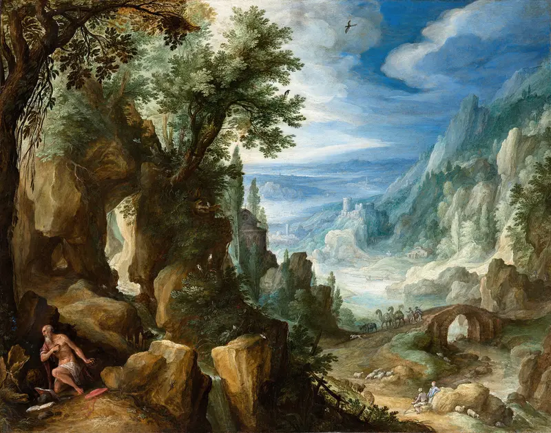 Mountainous landscape with Saint Jerome, oil on canvas by Paul Bril