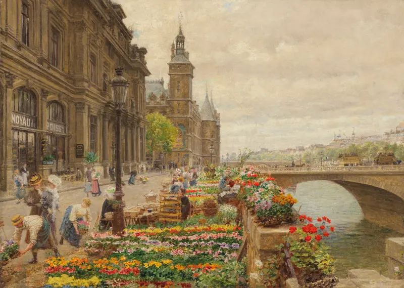 Oil on canvas by Marie-François Firmin-Girard depicting a vibrant urban landscape with flowers.