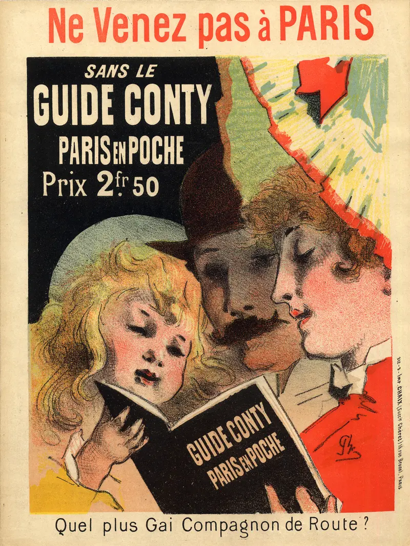 A vibrant poster by Jules Chéret promoting the Guide Conty for Paris travelers.