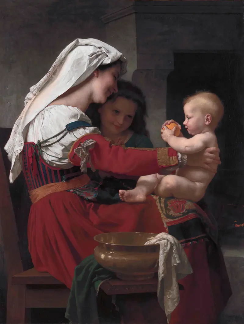 A mother lovingly bathes her child in a serene setting.