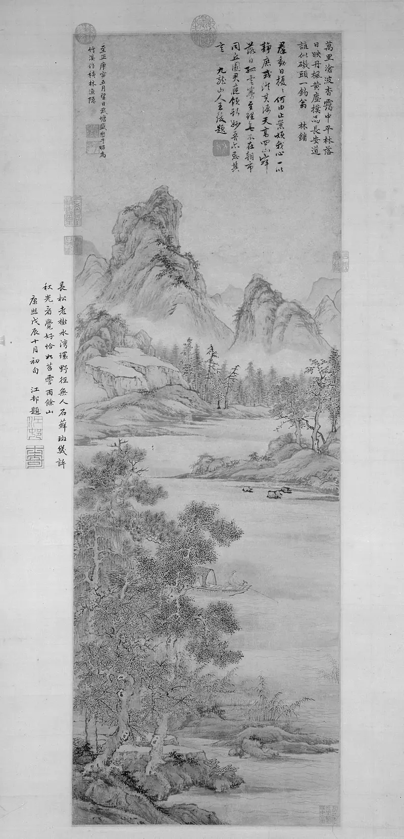 Fishing Recluse by an Autumn Grove, paper by Sheng Mao, depicts a fisherman in an autumn landscape.