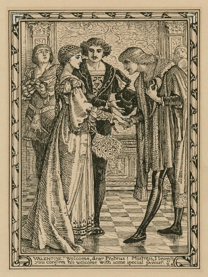 This painting illustrates a scene from Shakespeare's 'The Two Gentlemen of Verona'.