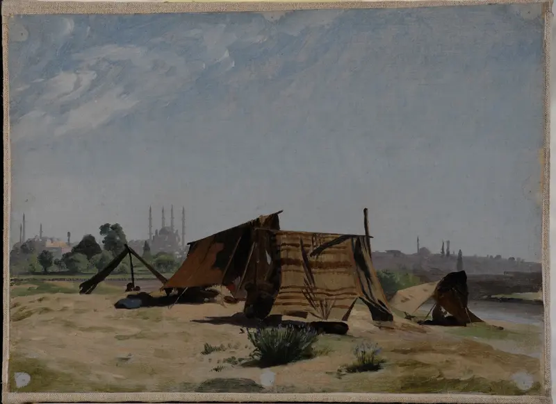 Historical scene with armored figures in an encampment, oil on canvas by Jean-Léon Gérôme