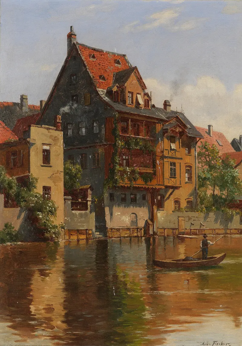 Landscape of Nuremberg rooftops at sunset by August Fischer, oil painting