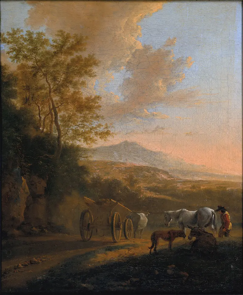 Italian Landscape with an Ox-cart, oil on canvas by Jan Both, featuring an ox-cart in a tranquil landscape.