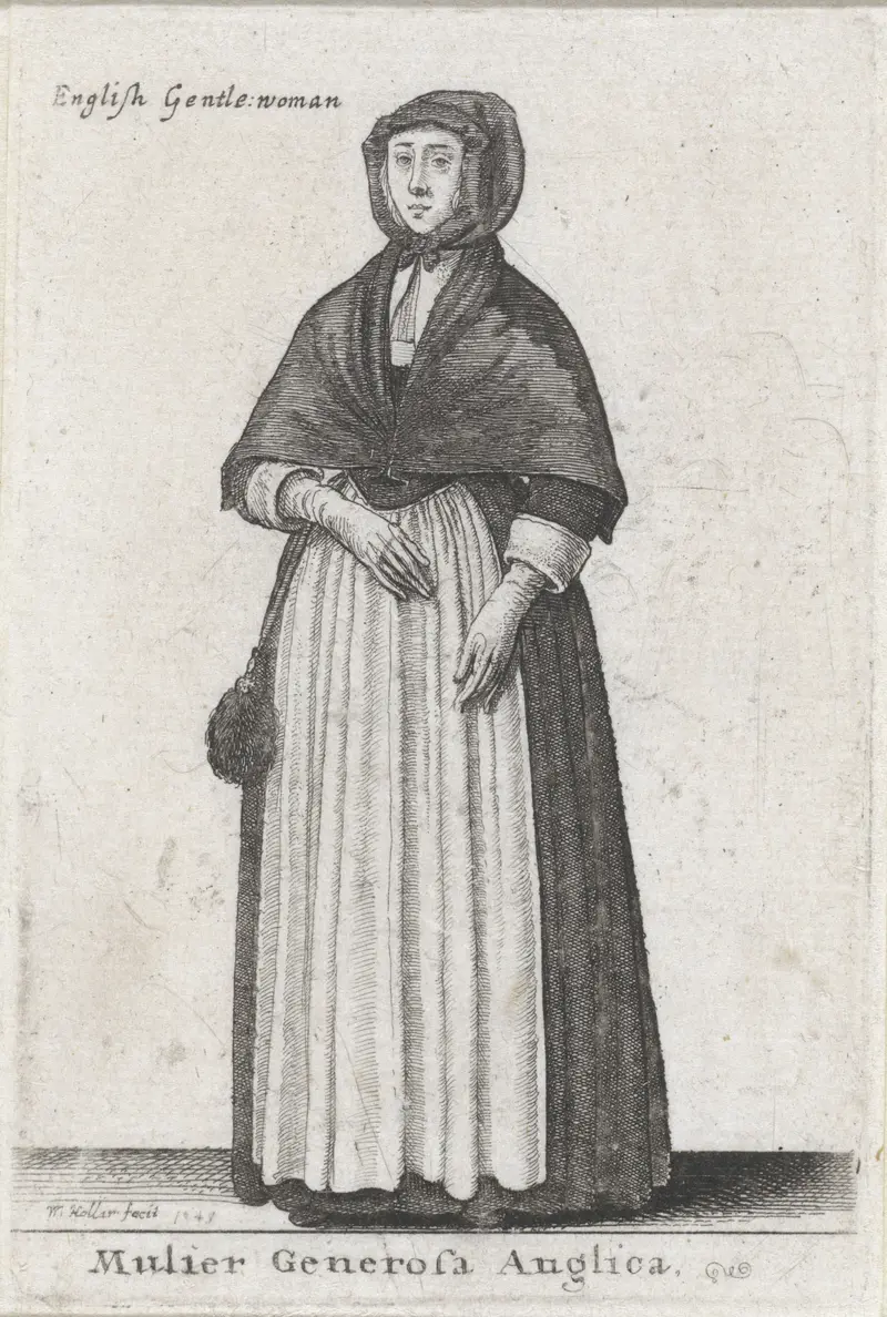 Portrait of a gentlewoman in elegant attire, etching by Wenceslaus Hollar