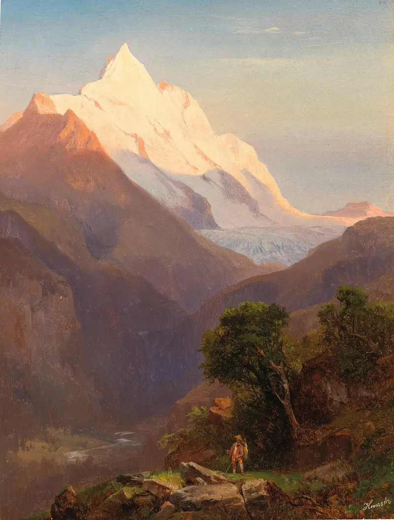 Der Großglockner oil painting by Anton Hansch depicting mountains under a clear sky
