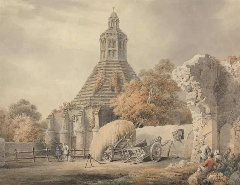 Interior view of Abbot’s Kitchen, Glastonbury, watercolor by Michael Angelo Rooker