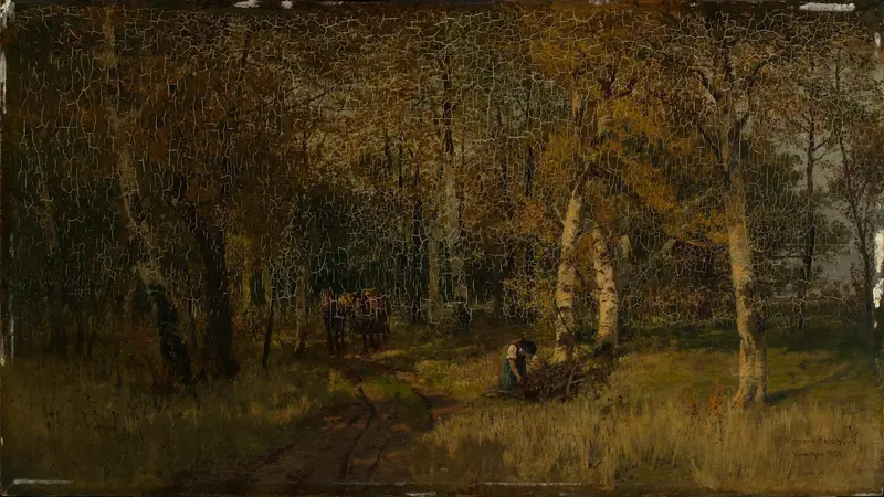 Waldinneres im Herbst by Hermann Baisch, oil on canvas depicting a forest with autumn sunlight.