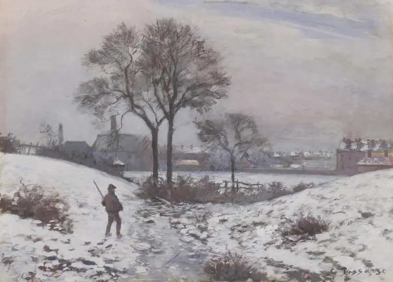 Winter landscape with a figure on a snow path, oil on canvas by Camille Pissarro