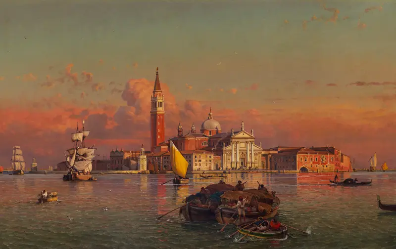 Lagoon and San Giorgio Maggiore church at sunset, oil painting by Friedrich von Nerly