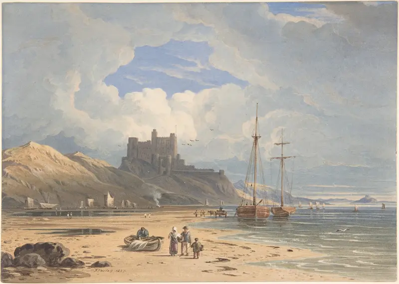 Watercolour by John Varley depicting Bamborough Castle and Holy Island at sunset