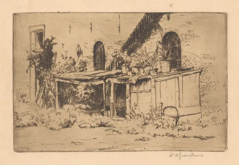 Landscape with a chicken coop in a garden, oil on canvas by Willem Adrianus Grondhout