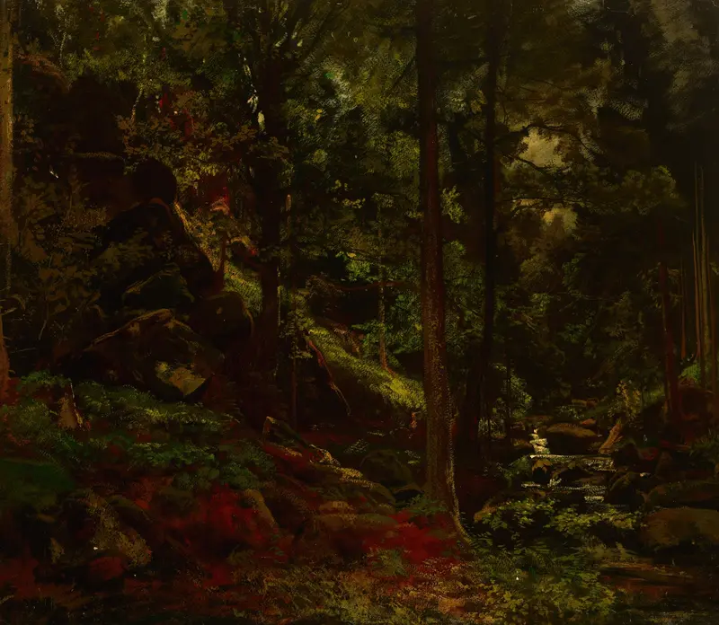 Stream in the Woods by Adolf Dressler, oil painting depicting a serene forest landscape.