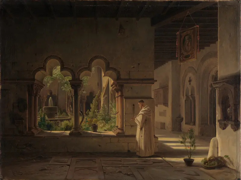 Kreuzgang in San Pablo zu Barcelona by Wilhelm Gail, oil painting depicting architectural arches and columns.