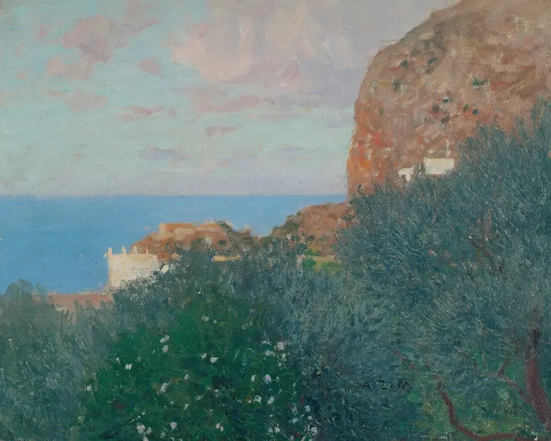Capri by Alfred Zoff, an impressionist landscape oil painting featuring hills and shimmering waters.