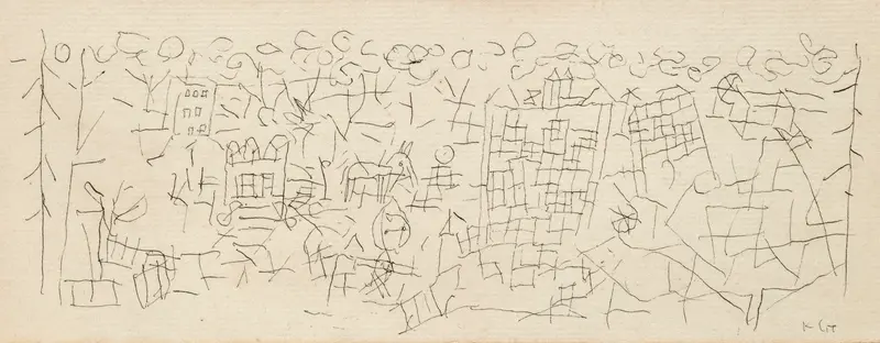Abstract oil painting by Paul Klee depicting a town with intricate lines and colors.