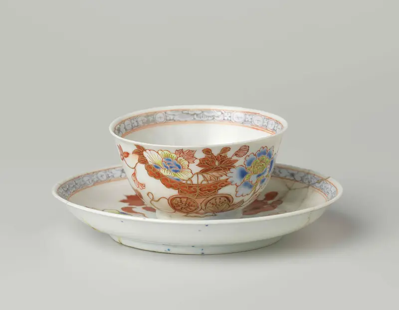 Bell-shaped cup and saucer with a flower basket, ceramic, unknown artist