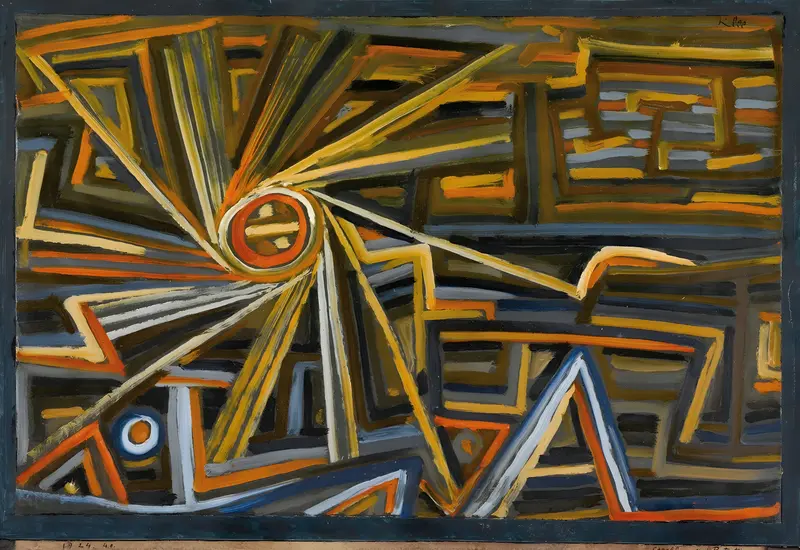 Paul Klee's 'Strahlung Und Rotation' features vibrant colors and abstract forms.