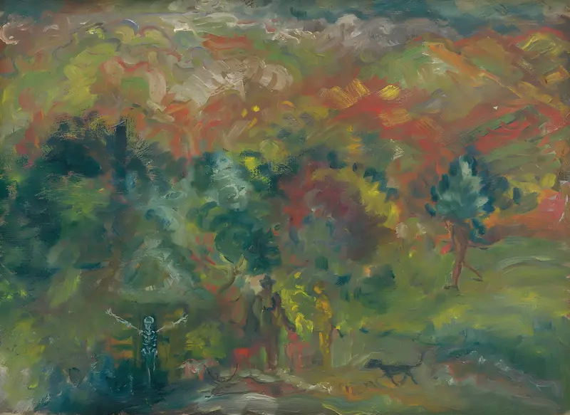 A striking allegorical painting depicting hunters confronting death.