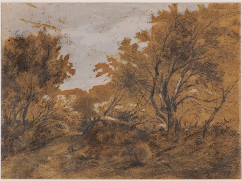 Paysage boisé, coup de vent by Théodore Rousseau, oil on canvas showing gnarled trees in a stormy landscape.