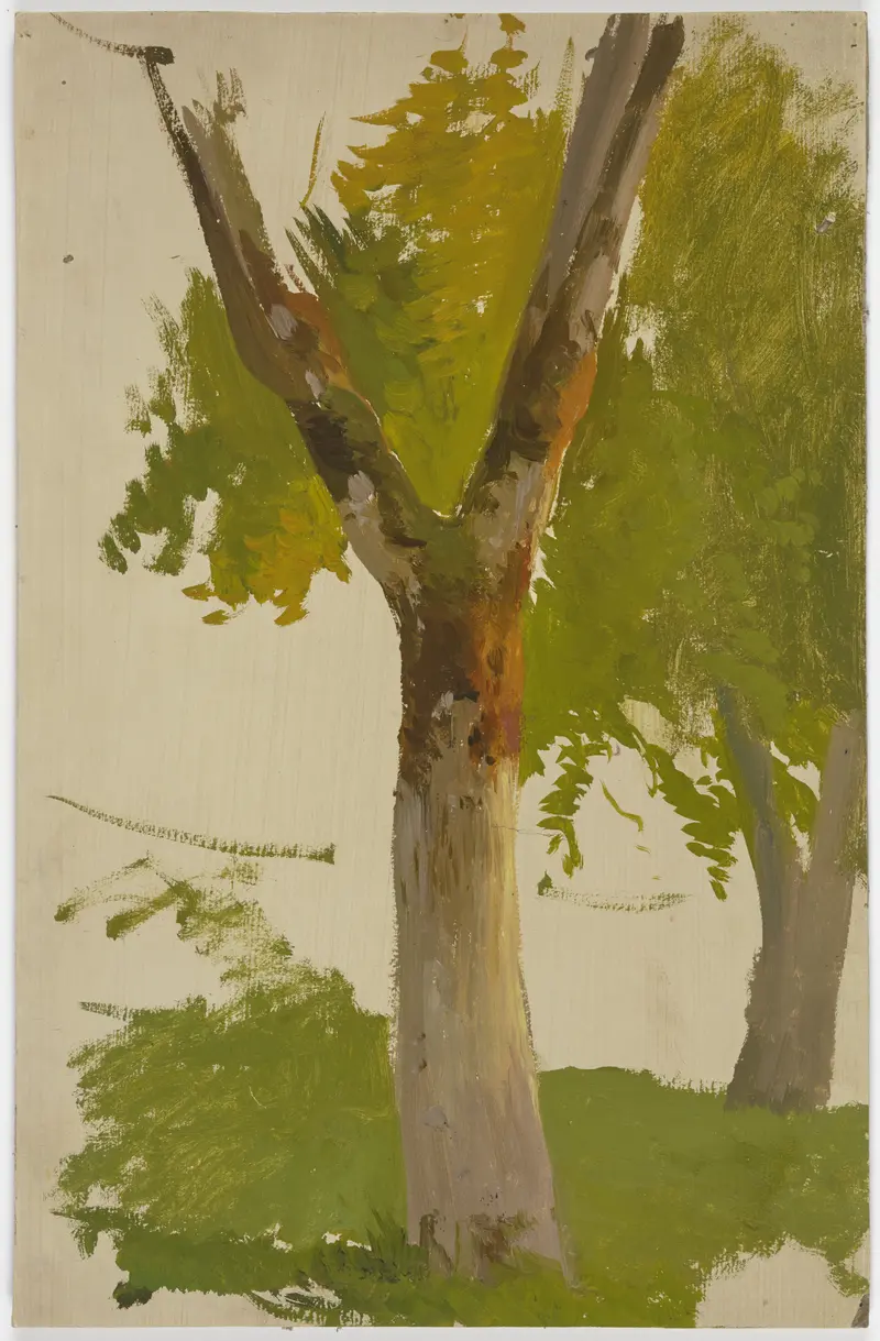 Landscape featuring a lone tree in earthy tones by Jakob Becker, oil painting
