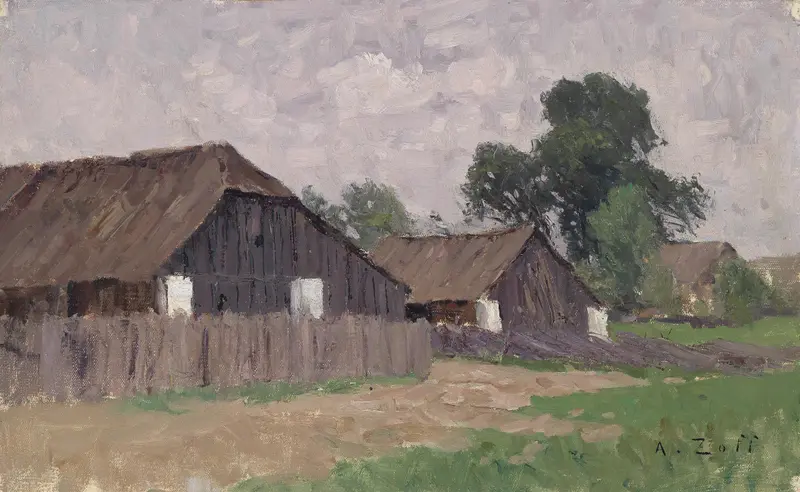 Bauernhäuser bei Klagenfurt by Alfred Zoff, oil on canvas depicting rustic houses in a green landscape