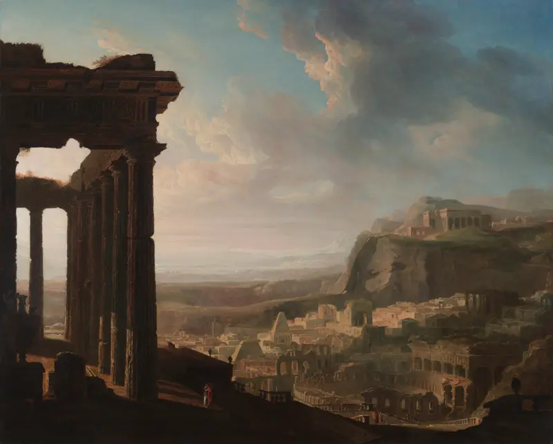 Ruins of an ancient city with stone columns, oil on canvas by John Martin