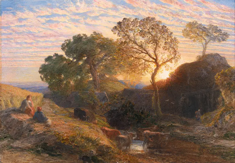 Sunset by Samuel Palmer, oil painting depicting a vibrant landscape with dramatic hues.