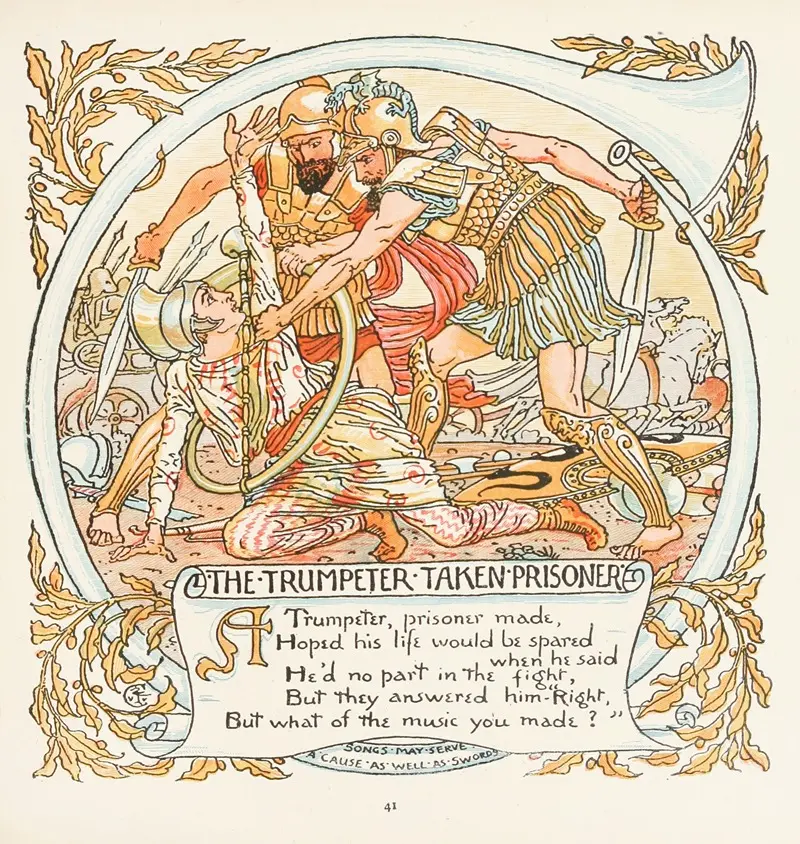 Walter Crane's 'The Trumpeter taken Prisoner' depicts a historical scene with vivid colors and detailed figures.