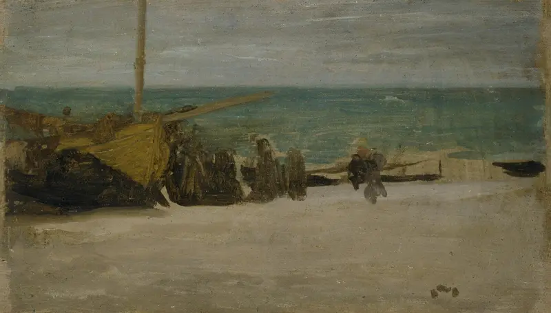 A serene seashore scene featuring a single mast, muted sky, and dark figures against bands of blue and green sea.