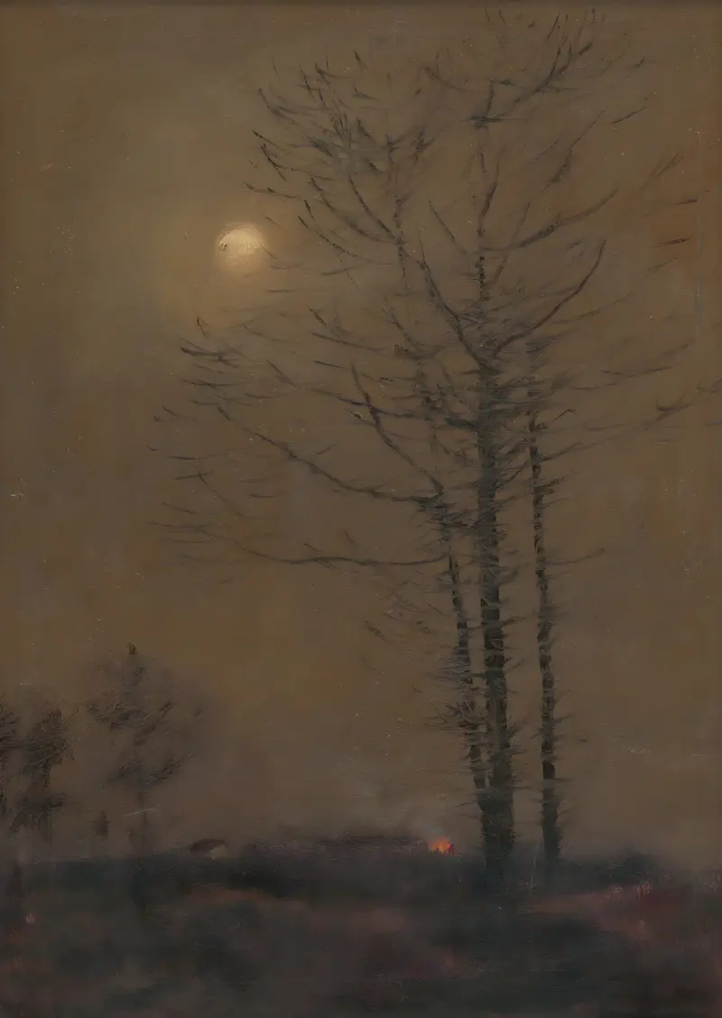 Evening landscape by Ladislav Mednyánszky, oil on canvas depicting a sunset over rolling hills.