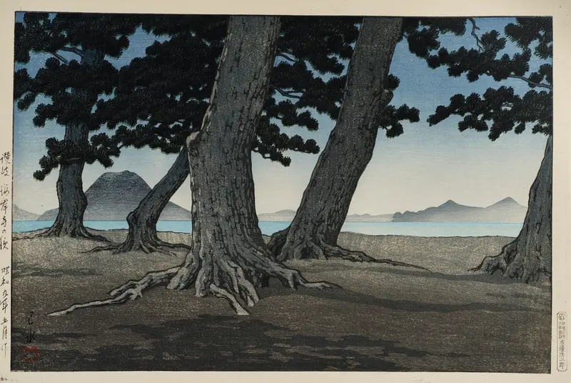 Ukiyo-e of Sanuki kaiganji no hama by Kawase Hasui, depicting a tranquil beach scene.