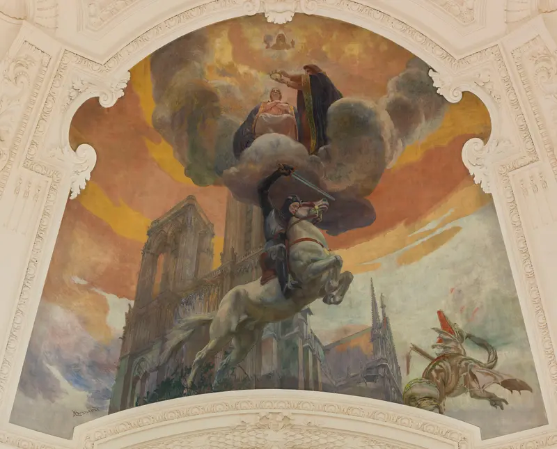 A knight on a white horse confronts a dragon beneath a cathedral, with a crowned woman and angels in the clouds above.