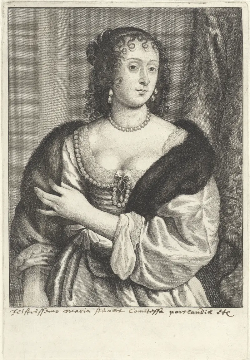 Etching by Wenceslaus Hollar of Frances Stuart, featuring her gaze and detailed fabric.