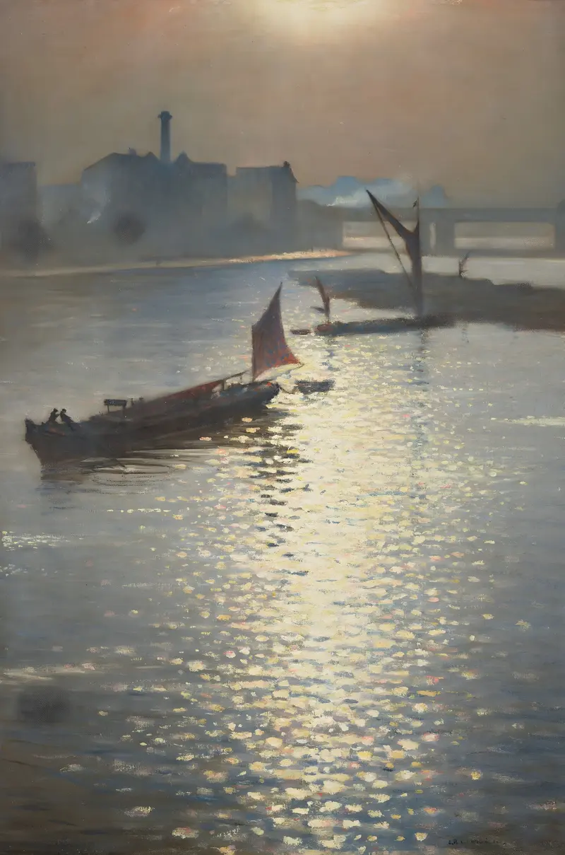 From Waterloo Bridge, oil on canvas by Christopher R. W. Nevinson, featuring a bridge over a river.