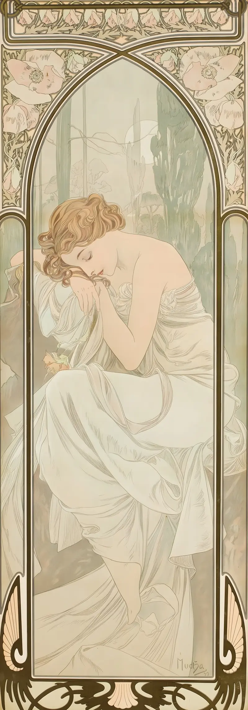 Alphonse Mucha's 'Repos de la nuit' showcases a serene night scene with flowing lines and soft colors.