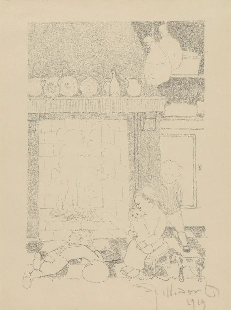 A poignant depiction of impoverished children gathered around a hearth.