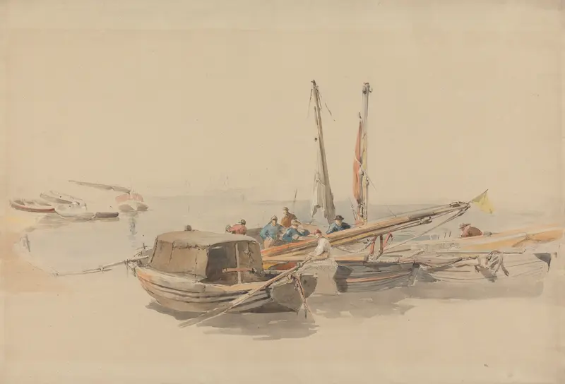 Fishing Boats at Anchor by Edward Angelo Goodall, realism, depicting fishing boats in a tranquil harbor at dawn
