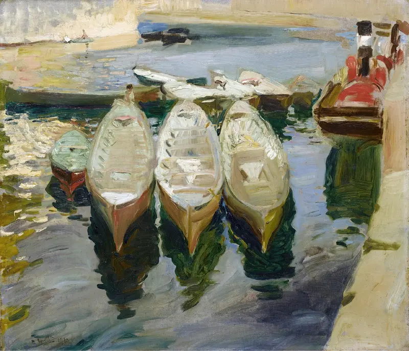 Three wooden boats float side by side on rippling water near a dock with a red and black steamship moored on the right.