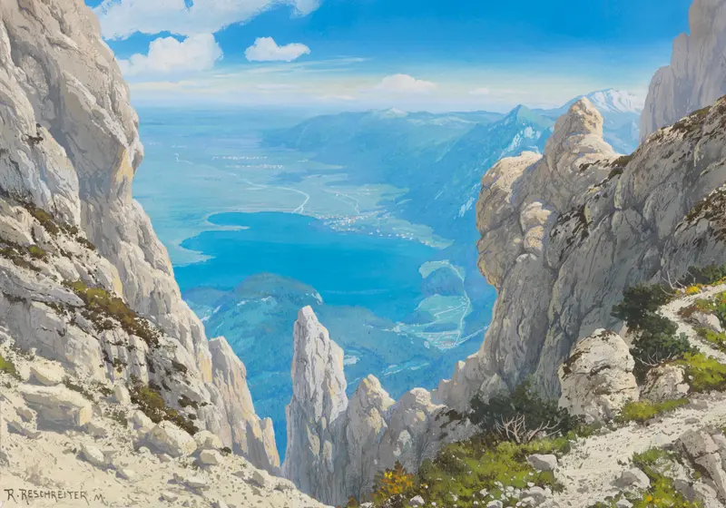 Landscape view of Kochelsee by Rudolf Reschreiter, oil painting
