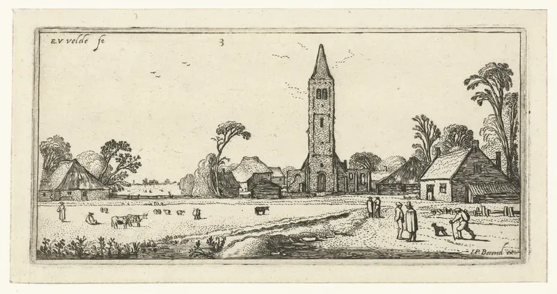 Wandelaars op een weg bij Spaarnwoude, etching by Esaias van de Velde, depicting figures on a winding path.