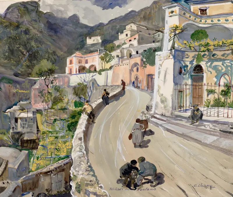 Oil painting of Positano's cliffs and Mediterranean sea by Oskar Laske