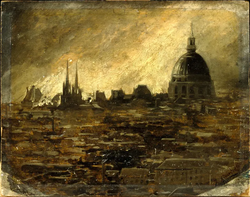Historical scene of ruins and fire by Jules Girardet, oil painting, 1871