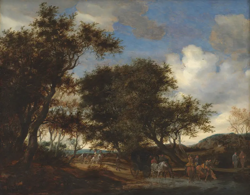 Landscape with Travellers Watering their Horses, oil on canvas by Jacob Salomonsz. van Ruysdael